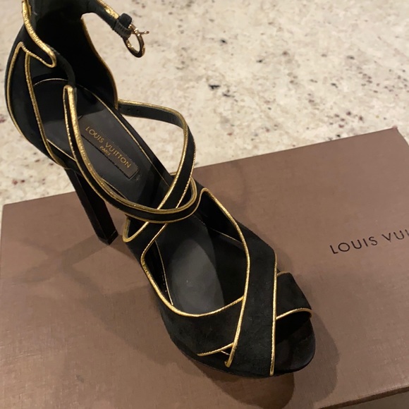 Black and Gold Heel Louis Vuitton Suede gently used - Picture 1 of 4